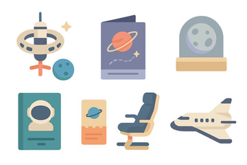 Creative space travel icons depicting a futuristic journey through the cosmos with a focus on exploration and adventure
