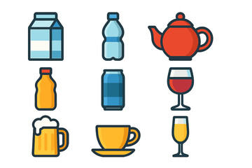 Diverse collection of beverage containers including milk, water, tea, and juice displayed on a white background