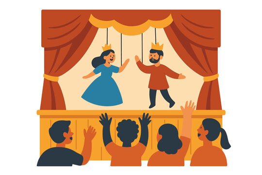 Children enjoy a puppet show featuring a prince and princess in a vibrant setting during an afternoon event at a local theater