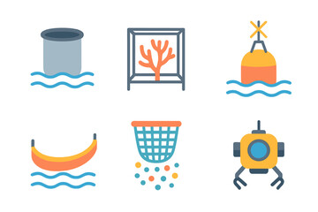 Various underwater elements showcasing marine life and equipment in a stylized graphic representation