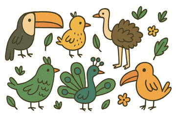 Colorful hand-drawn birds including toucan, peacock, and ostrich in a whimsical style with leaves and flowers