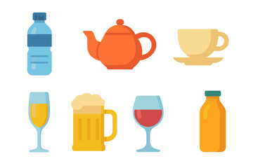 Collection of drink containers including water bottles, tea pots, and various glassware displayed together