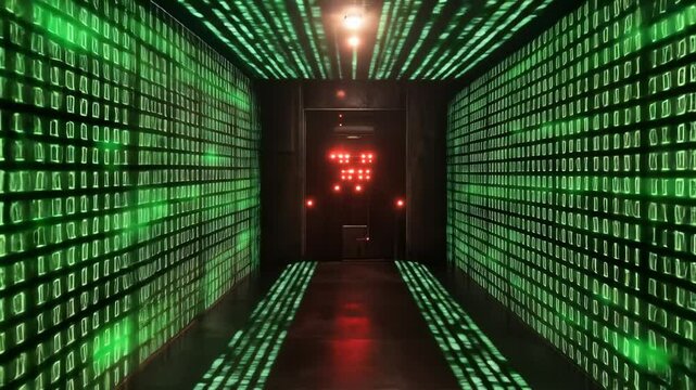 Green digital code-lined corridor with red lights at end