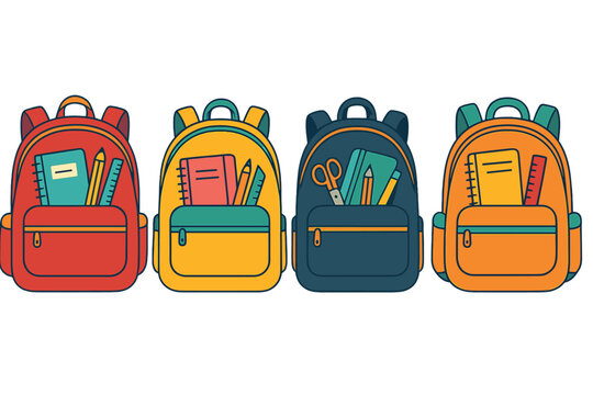 Colorful backpacks filled with school supplies ready for a new academic year