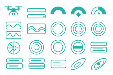 Futuristic UI icon set with drones, waves, rings, meters, and interface panels
