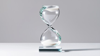 Elegant hourglass with flowing sand on minimalist surface, symbolizing time, patience, and the passage of moments in a modern setting