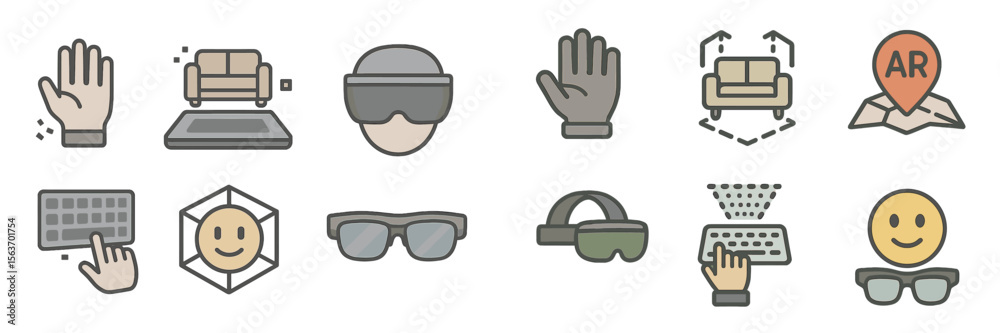 Poster exploring the world of augmented reality through various interactive icons and symbols