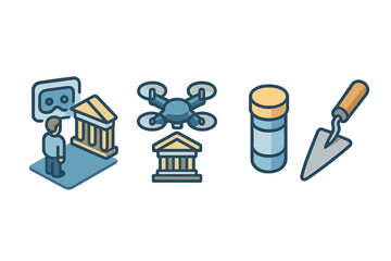 Engaging elements of construction and technology featuring a drone, tools, and architecture concepts