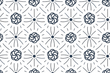 Seamless pattern of abstract flower-like shapes with radiating lines.