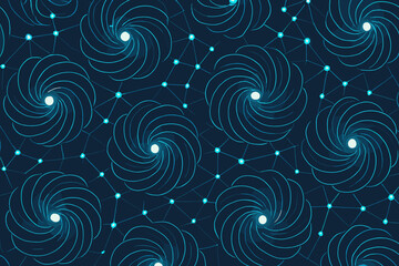 Abstract pattern with glowing spirals connected by light dots, creating a dynamic, interconnected design.