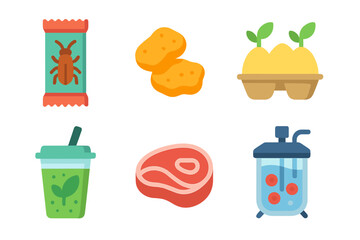 Colorful food items including snacks, fruits, and vegetables displayed on a clean surface in a bright setting