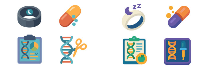 Symbols of health and wellness featuring medications, genetics, and relaxation tools mostly in bright colors on a neutral background