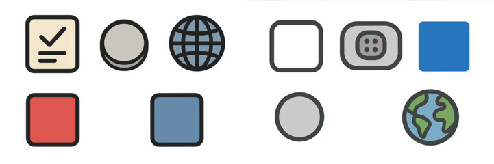 Icons representing various concepts such as verification, geography, and digital elements shown on a grid pattern