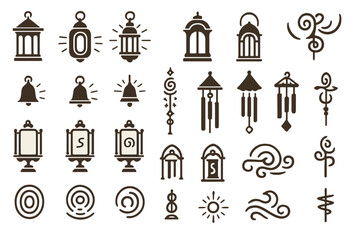 Set of vintage symbols and icons featuring lanterns, bells, wind, and abstract designs.