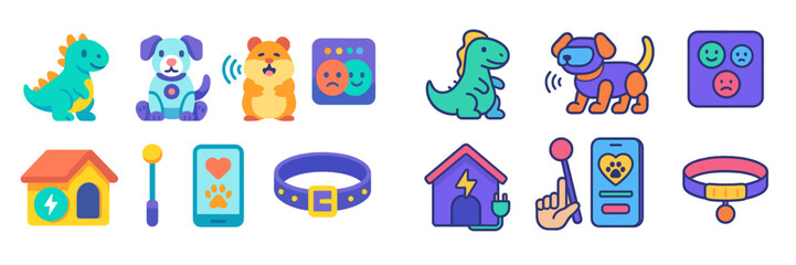 Colorful icons depicting pets, toys, and accessories related to pet care for a playful and modern theme