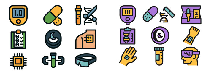 Collection of colorful healthcare icons depicting various medical tools and devices for modern healthcare applications