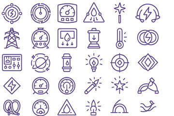 Purple-themed vector icon set with symbols for energy, control, and mystic tools