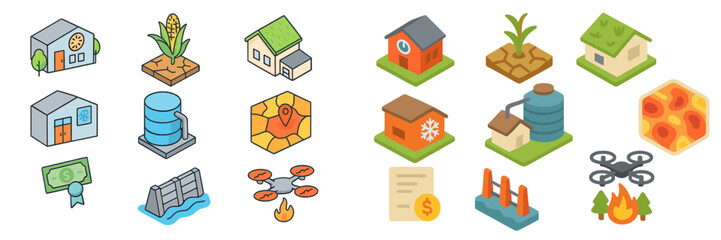 Colorful icons representing agricultural and industrial elements, depicting various activities and structures in a vibrant style