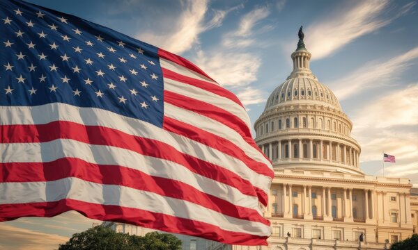 Fototapeta American Flag and Capitol Building