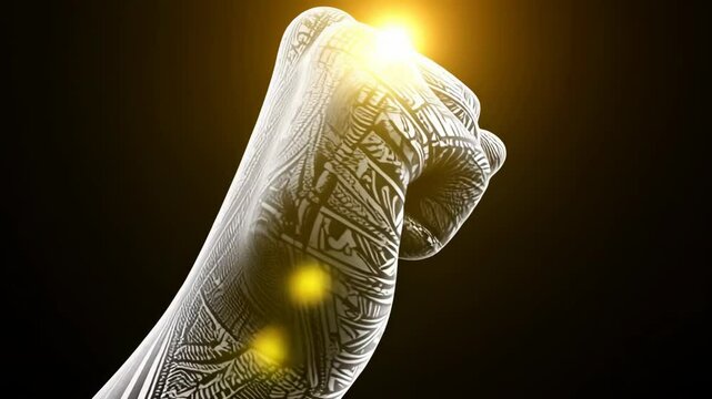 Symbol of Power and Heritage A clenched fist with intricate tribal tattoos is revealed by a dramatic light, a powerful animation of strength, protest, and cultural pride.