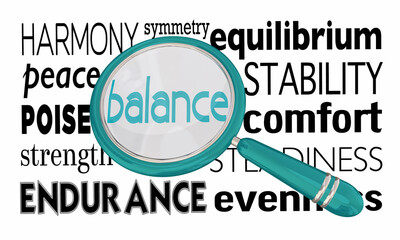 Balance Word Magnifying Glass Harmony Strength Text 3d Illustration
