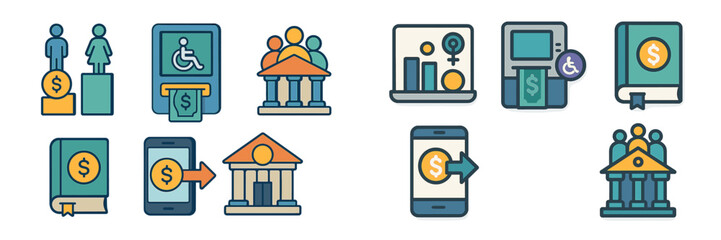 Icons representing financial literacy, inclusion in banking, and digital finance resources in a modern design