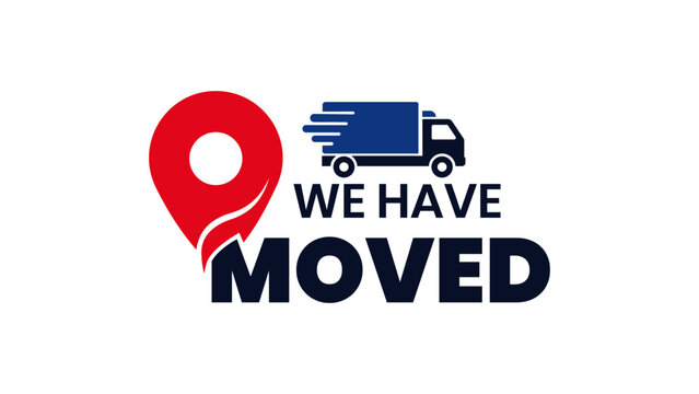 Clean “We Have Moved” Vector Artwork in Flat Design Style with Truck and Location Pin Icons, Ideal for Businesses Announcing Address Changes