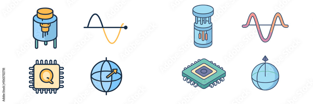 Poster collection of technology and electronics icons illustrating various concepts related to science and 