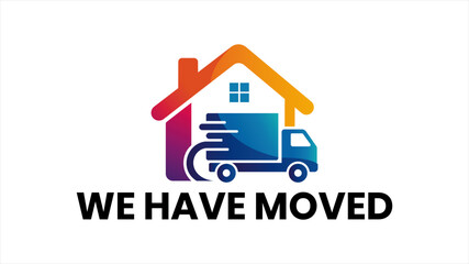 Flat Vector “We Have Moved” Logo Concept Featuring Truck and House Logo for Company Relocation, Business Address Change, or Store Opening