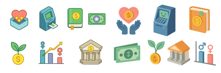 Icons depicting financial themes such as saving, investing, and personal finance education