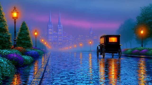 Enchanting Historical Animation A vintage car on a rain-slicked cobblestone street at twilight, its path lit by glowing gas lamps toward a majestic gothic city, a magical scene of romance and mystery.