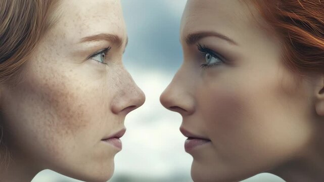 Two women with distinct hair colors and facial features stand side by side against a blurred outdoor background, showcasing their unique traits