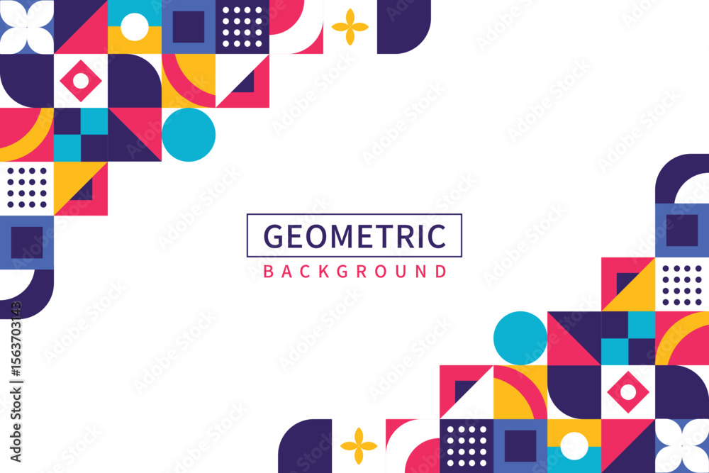 Poster Geometric shapes in squares with a text Geometric background in the middle