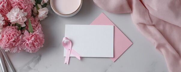 Obraz premium NICA Month mockup scene. A flat lay image featuring a pink ribbon, floral arrangement, and stationary, symbolizing awareness and celebration of health.