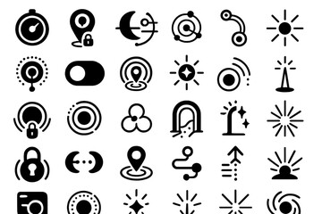 Black futuristic icons featuring symbols of light, navigation, and connectivity