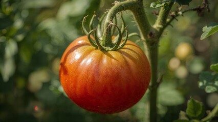 Close up of a single ripening tomato hanging on the vine in a garden with a blurred green background