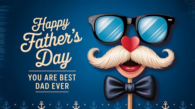 Happy father's day greeting card with sunglasses mustache bow tie and heart on blue background