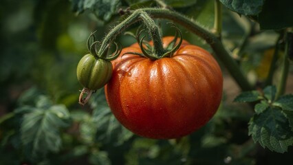 A close up of a ripe tomato and a green unripe tomato on the vine in a garden setting outdoors