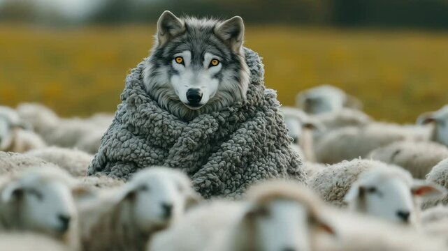 A wolf wrapped in a fluffy coat sits peacefully among a flock of sheep, illustrating the complex relationships within wildlife in a field