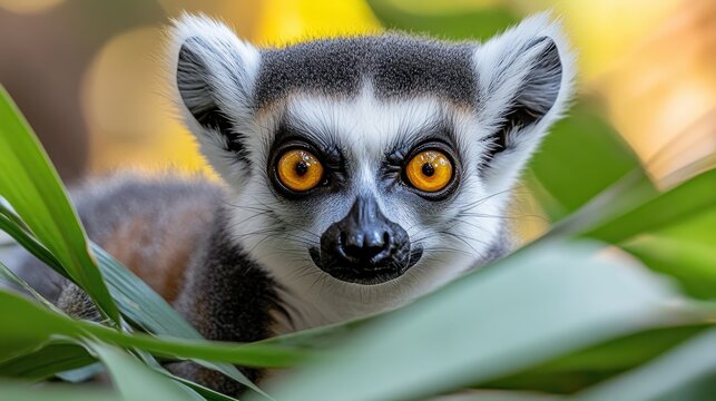 Ring-tailed lemur stares intently with yellow eyes