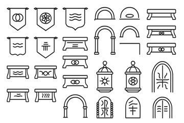 Medieval fantasy icon set with banners, altars, arches, and doors