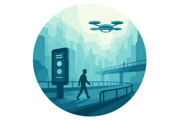 Futuristic city scene with pedestrian and overhead drone surveillance