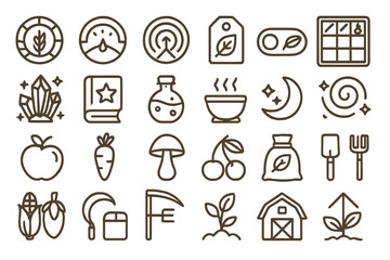 Fototapeta premium Rustic-style farming and nature icon set with food, tools, and plants