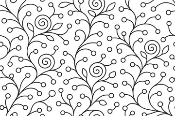 Seamless floral vine pattern with berries and spiral tendrils