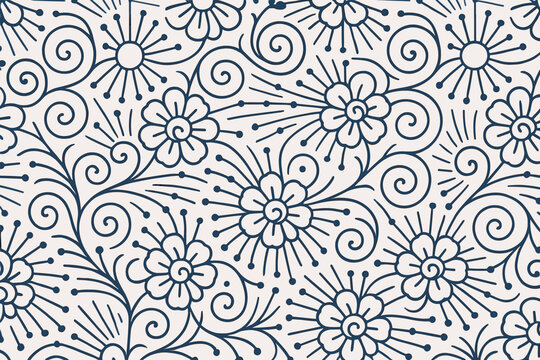 Seamless floral pattern with whimsical blooms and swirling vines