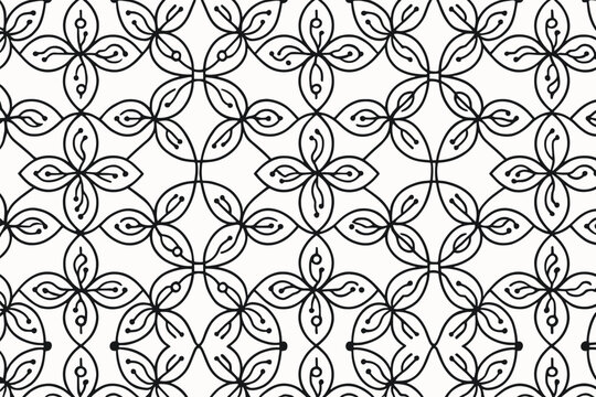 Seamless black floral line pattern on white background
