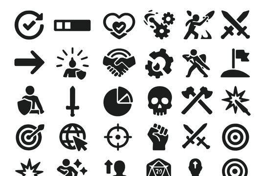 Black fantasy RPG icon set with symbols for combat, skills, and progression