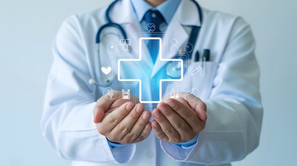 Medical professional holding health care concept with icon elements in hands conceptual medicine illustration