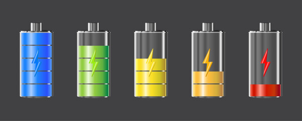 3D battery charge design on gray background. Full charge energy for mobile phone. Accumulator indicator vector icon of power level.