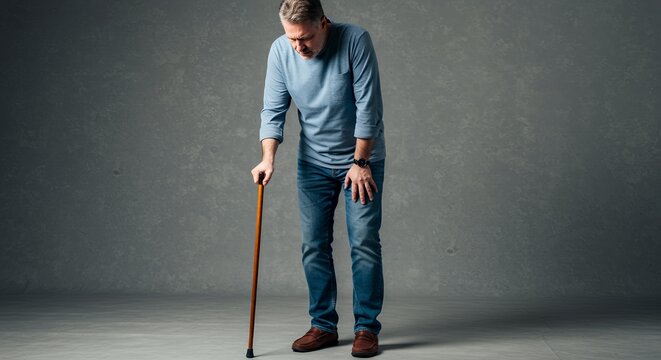 Elderly man with walking cane, experiencing pain and difficulty walking, showing signs of aging and mobility issues.